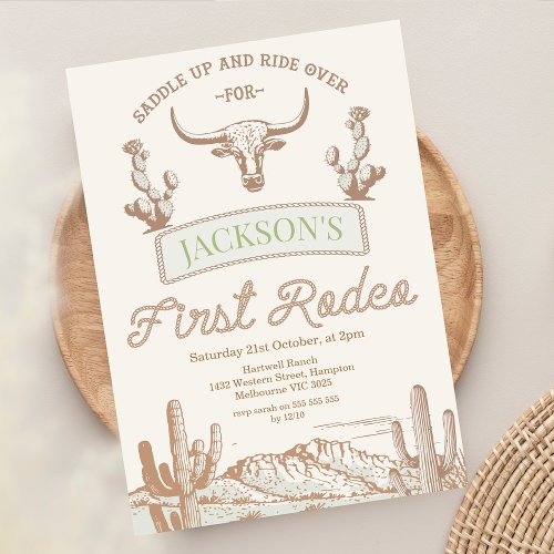 Vintage Cow Desert First Rodeo 1st Birthday Invitation