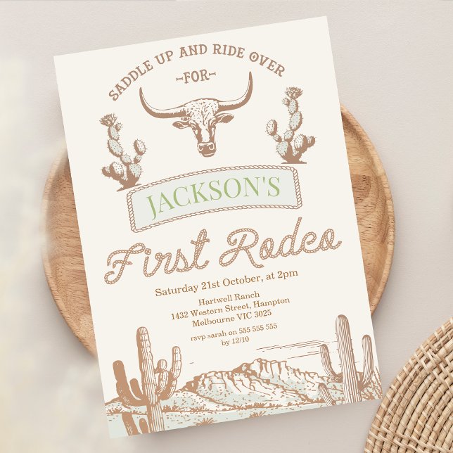 Vintage Cow Desert First Rodeo 1st Birthday Invitation (Vintage First Rodeo 1st Birthday Invitation Boy, Longhorn Cow Western Wild West First Birthday )
