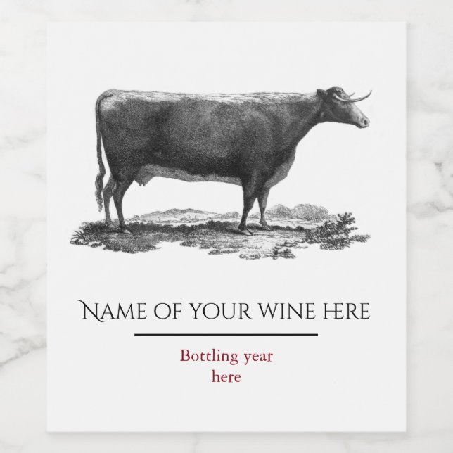 Vintage cow etching wine label | Zazzle