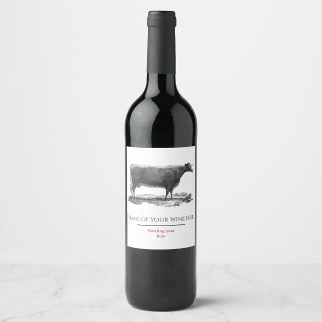 Vintage cow etching wine label | Zazzle