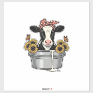 Vintage Cow in Tub Sunflower Butterfly Vector Desi Sticker