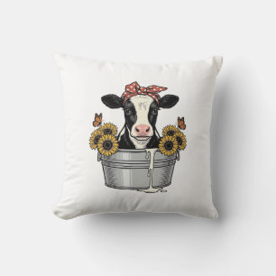 Vintage Cow in Tub Sunflower Butterfly Vector Desi Throw Pillow