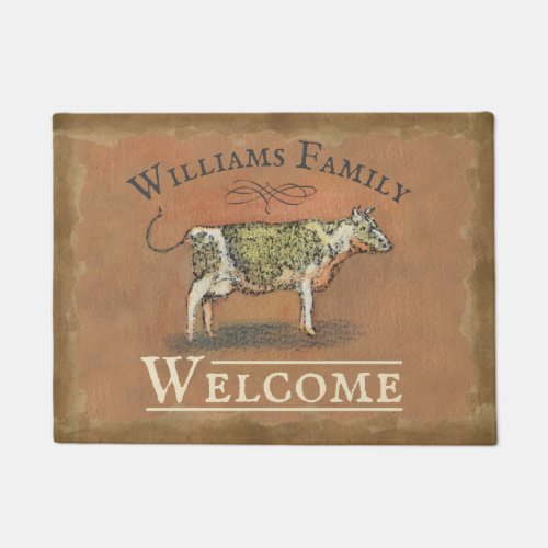 Vintage Cow Monogrammed Family Name Welcome 18x24 Doormat