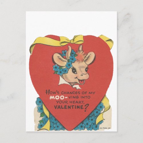 Vintage Cow Moo Valentine Holiday Postcard