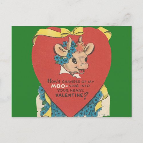 Vintage Cow Moo Valentine Holiday Postcard
