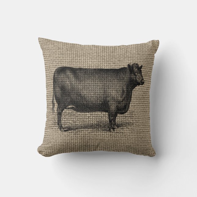 Vintage Cow on Burlap Pillow (Front)