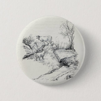 Vintage Cow Sheep in Field Stream Meadow Print Button