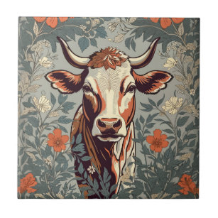 Vintage Cow William Morris Inspired Floral Ceramic Tile