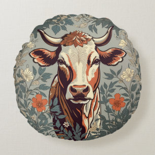 Vintage Cow William Morris Inspired Floral Round Pillow
