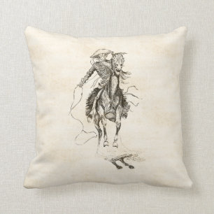 Vintage Cowboy and Horse Illustration Throw Pillow