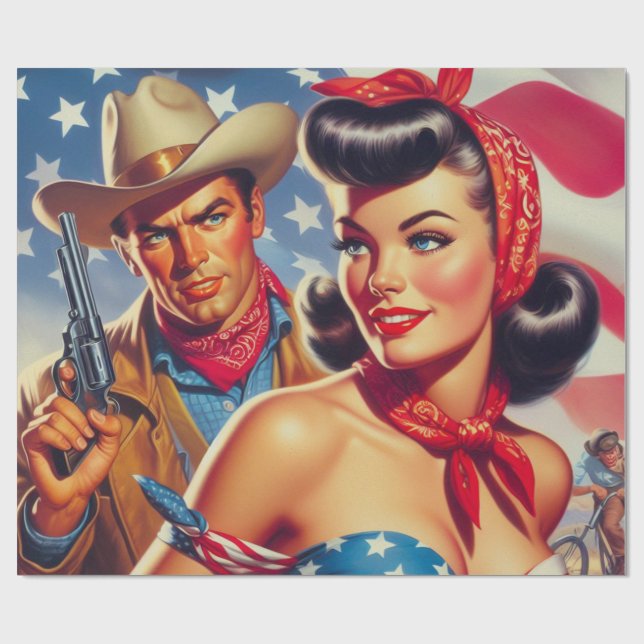 Vintage Cowboy and Pin Up Wrapping Paper (Flat)