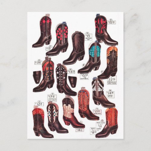 Vintage Cowboy Boots Wide Variety Postcard