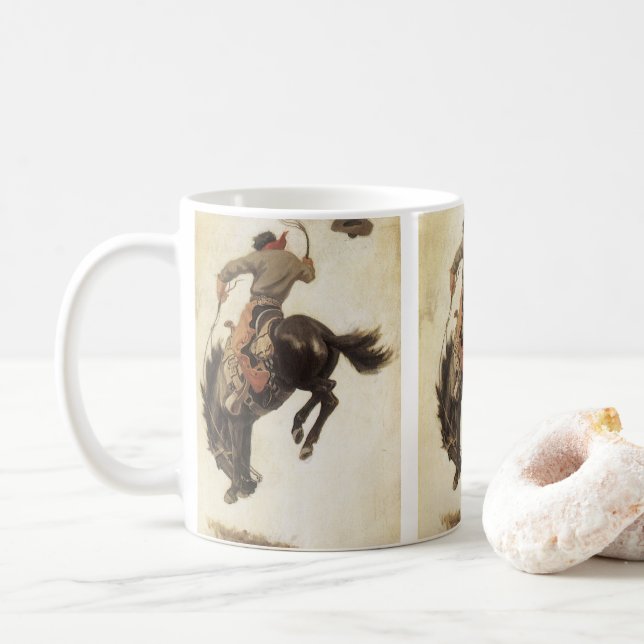 Vintage Cowboy, Bronco Buster Study by NC Wyeth Coffee Mug (With Donut)