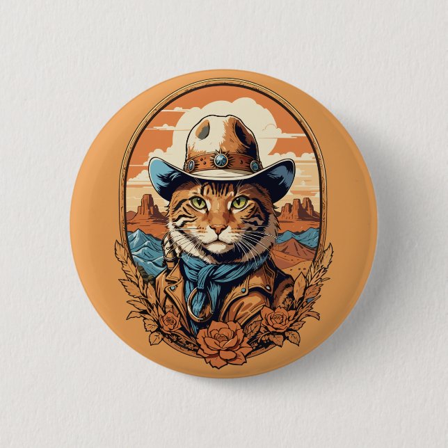 Vintage Cowboy Cat Design Button (Front)
