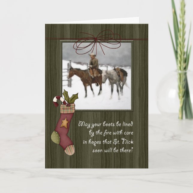 Vintage Cowboy Christmas Barnwood Holiday Card (Front)