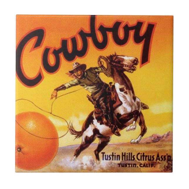 Vintage Cowboy Citrus Labels Ceramic Tiles 4.25" (Front)