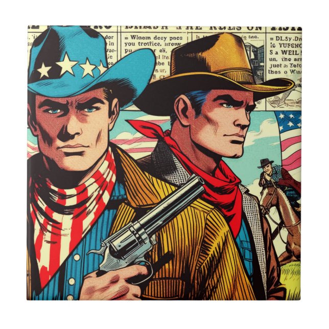 Vintage Cowboy Comics Ceramic Tile (Front)
