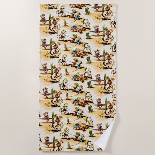 Vintage Cowboy Cowgirl Country Kids Pony Cactus Ba Beach Towel