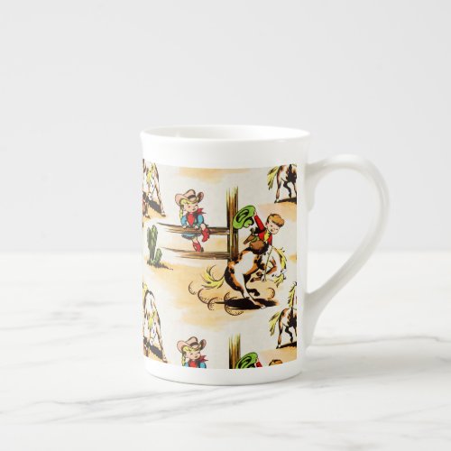 Vintage Cowboy Cowgirl Country Kids Pony Cactus Bone China Mug