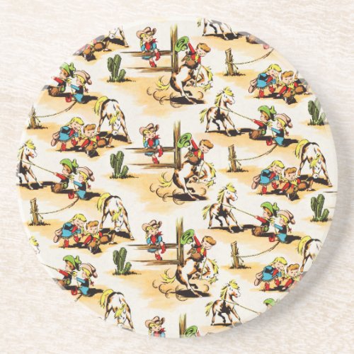 Vintage Cowboy Cowgirl Country Kids Pony Cactus Coaster