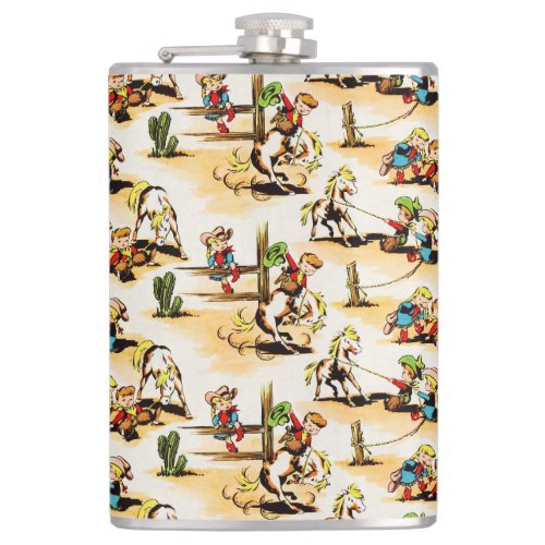 Vintage Cowboy Cowgirl Country Kids Pony Cactus Flask