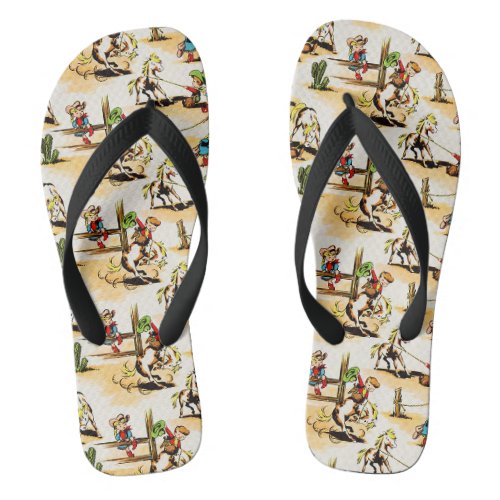 Vintage Cowboy Cowgirl Country Kids Pony Cactus Flip Flops