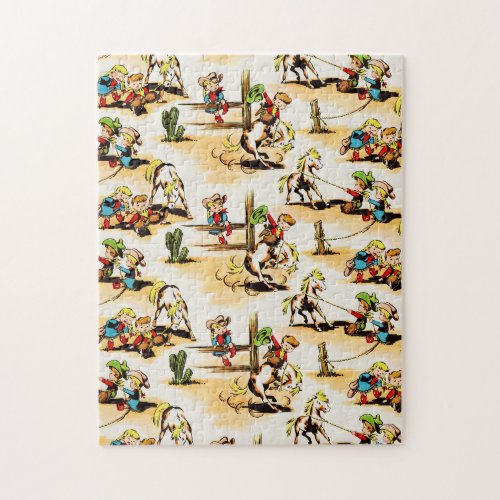 Vintage Cowboy Cowgirl Country Kids Pony Cactus Jigsaw Puzzle