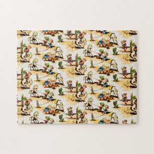 Vintage Cowboy Cowgirl Country Kids Pony Cactus Jigsaw Puzzle