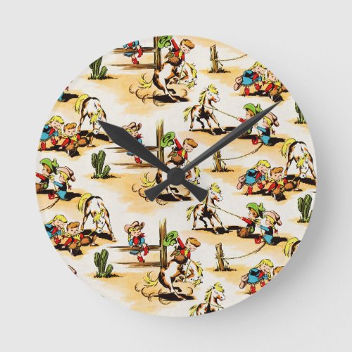 Vintage Cowboy Cowgirl Country Kids Pony Cactus Round Clock