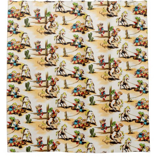 Vintage Cowboy Cowgirl Country Kids Pony Cactus Shower Curtain