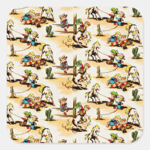 Vintage Cowboy Cowgirl Country Kids Pony Cactus Square Sticker