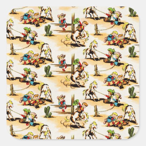 Vintage Cowboy Cowgirl Country Kids Pony Cactus Square Sticker