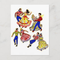 Vintage Cowboy Kitsch Square Dancers 60s Decal Art Postcard