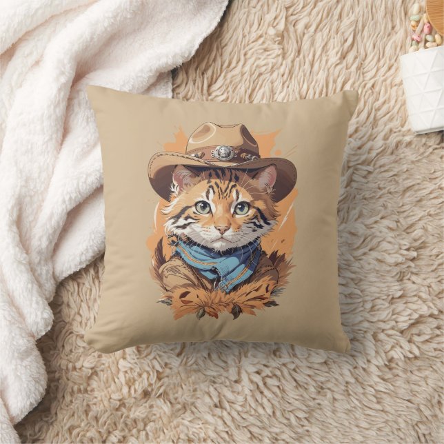Vintage Cowboy Kitten Design Throw Pillow (Blanket)