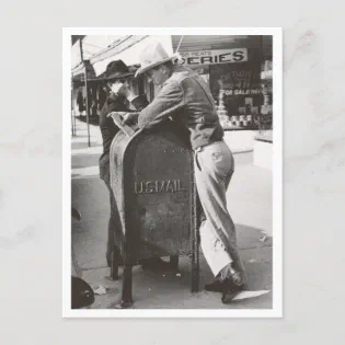 Vintage cowboy leaning on mailbox on Texas street Postcard