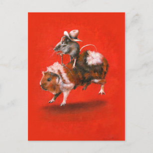 Vintage Cowboy Mouse Riding Guinea Pig Postcard