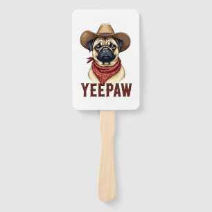 Vintage Cowboy Pug YeePaw Western Dog Illustration Hand Fan