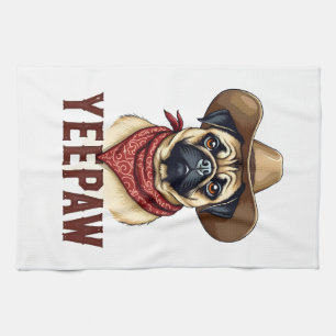 Vintage Cowboy Pug YeePaw Western Dog Illustration Kitchen Towel