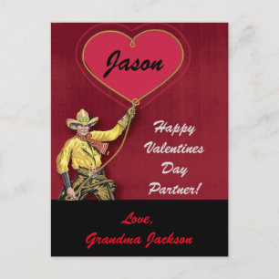 Vintage Cowboy Red Romantic Heart Holiday Postcard