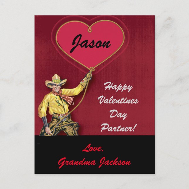 Vintage Cowboy  Red Romantic Heart Holiday Postcard (Front)