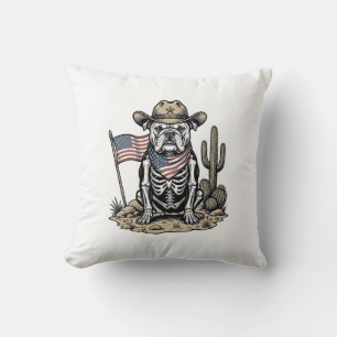 Vintage Cowboy Skeleton Dog Patriotic Shirt Design Throw Pillow