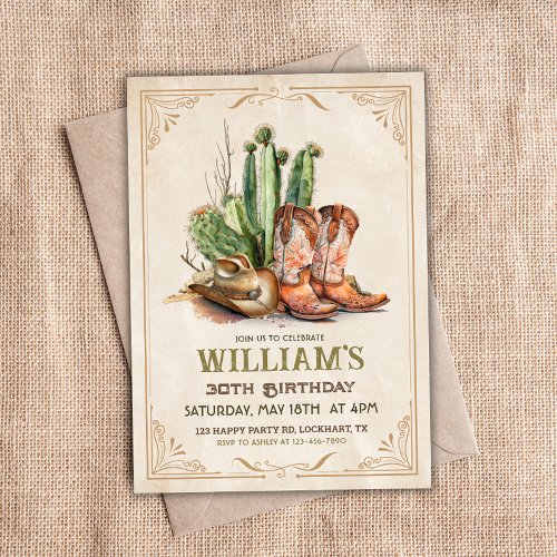 Vintage Cowboy Western Boots Hat and Desert Cactus Invitation