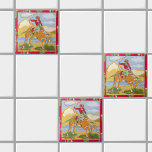 Vintage Cowboy Western Rodeo Wild West Ceramic Tile<br><div class="desc">A Vintage Cowboy Western Rodeo Tile! A great accent to any western,  western-themed home! A Cowboy in a red shirt twirling his lasso as he rides his bucking horse. Mountains and river scene in the background. A red border with cactus icons adorns the tile.</div>