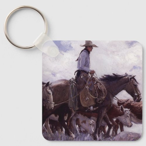 Vintage Cowboy with His Herd of Cattle by Koerner Keychain