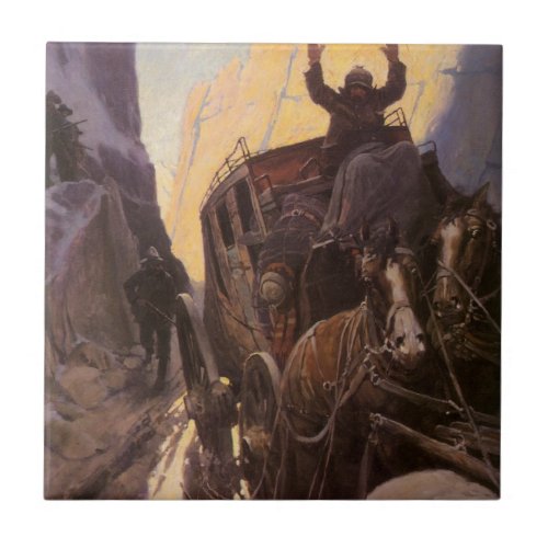 Vintage Cowboys Hold Up in the Canyon by NC Wyeth Tile