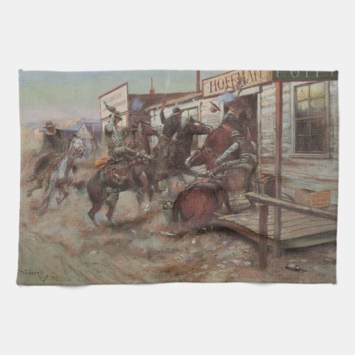 Vintage Cowboys In Without Knocking by CM Russell Kitchen Towel