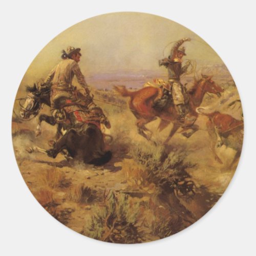 Vintage Cowboys Jerked Down by CM Russell Classic Round Sticker