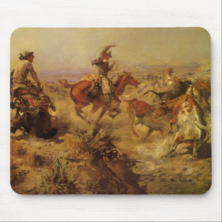 Vintage Cowboys, Jerked Down by CM Russell Mouse Pad