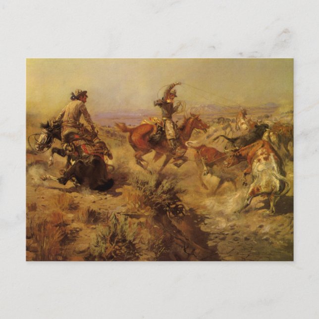Vintage Cowboys, Jerked Down by CM Russell Postcard (Front)