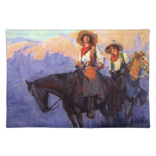 Vintage Cowboys, Man and Woman on Horses, Anderson Cloth Placemat